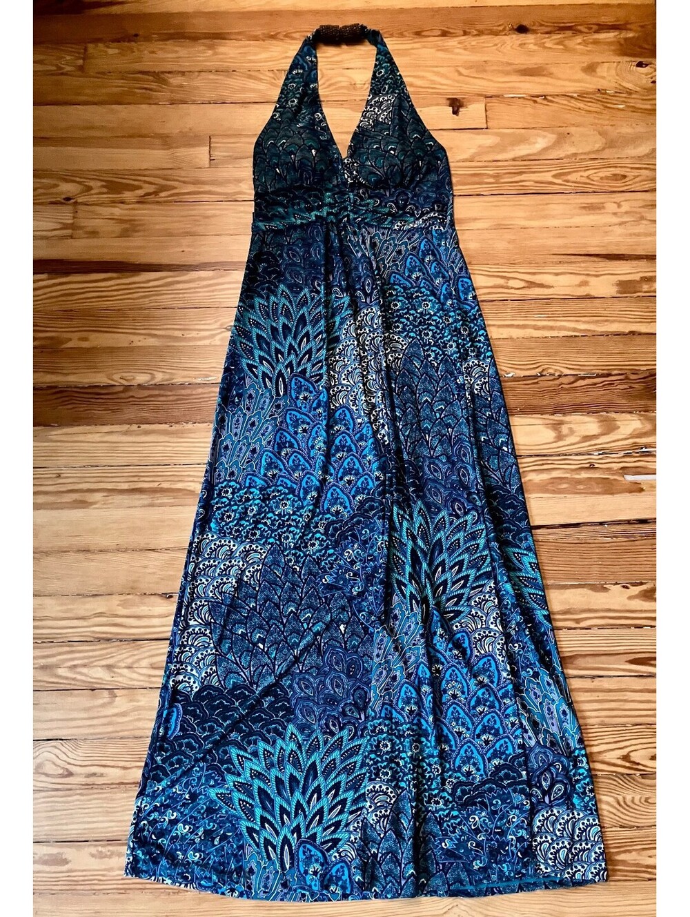 5th & Love Blue Teal Paisley Halter Maxi Dress Beaded Neck Boho Grecian M